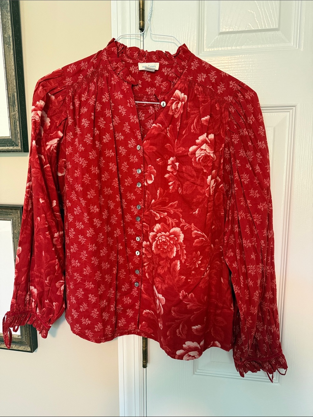 Sundance Red Floral Button-Front Peasant Blouse